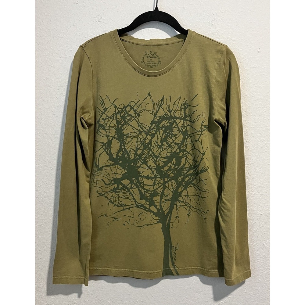 PrAna Women's T-Shirt Size Medium Green Tree Graphic Long Sleeve Gorpcore Cotton